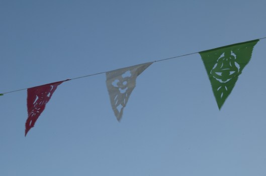 Detail of the flags (papel picado) for the Fiesta de la Virgen de Guadalupe suspended from the Church of Santa Maria del Tule, Tule, Oaxaca, Mexico / Andreja Brulc