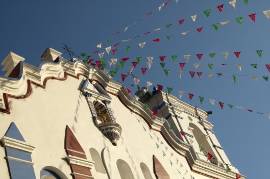 Flags (papel picado) for the Fiesta de la Virgen de Guadalupe suspended from the Church of Santa Maria del Tule, Tule, Oaxaca, Mexico / Andreja Brulc